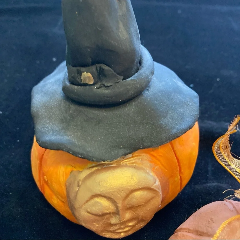 Halloween Three Handmade Folk Art Original Terracotta Ceramic Halloween Pumpkins